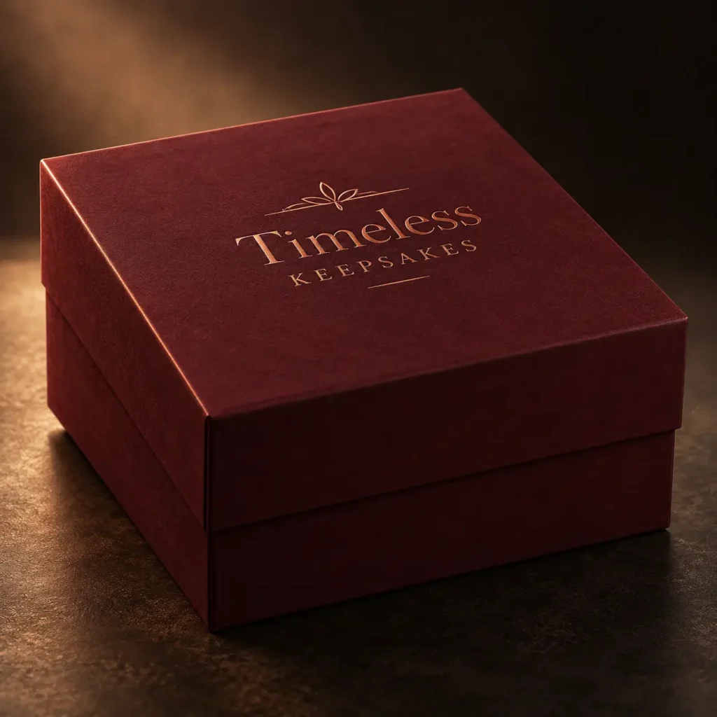Luxury deep red rigid gift box with gold foil Timeless Keepsakes logo, premium custom packaging by The Packaging Masters