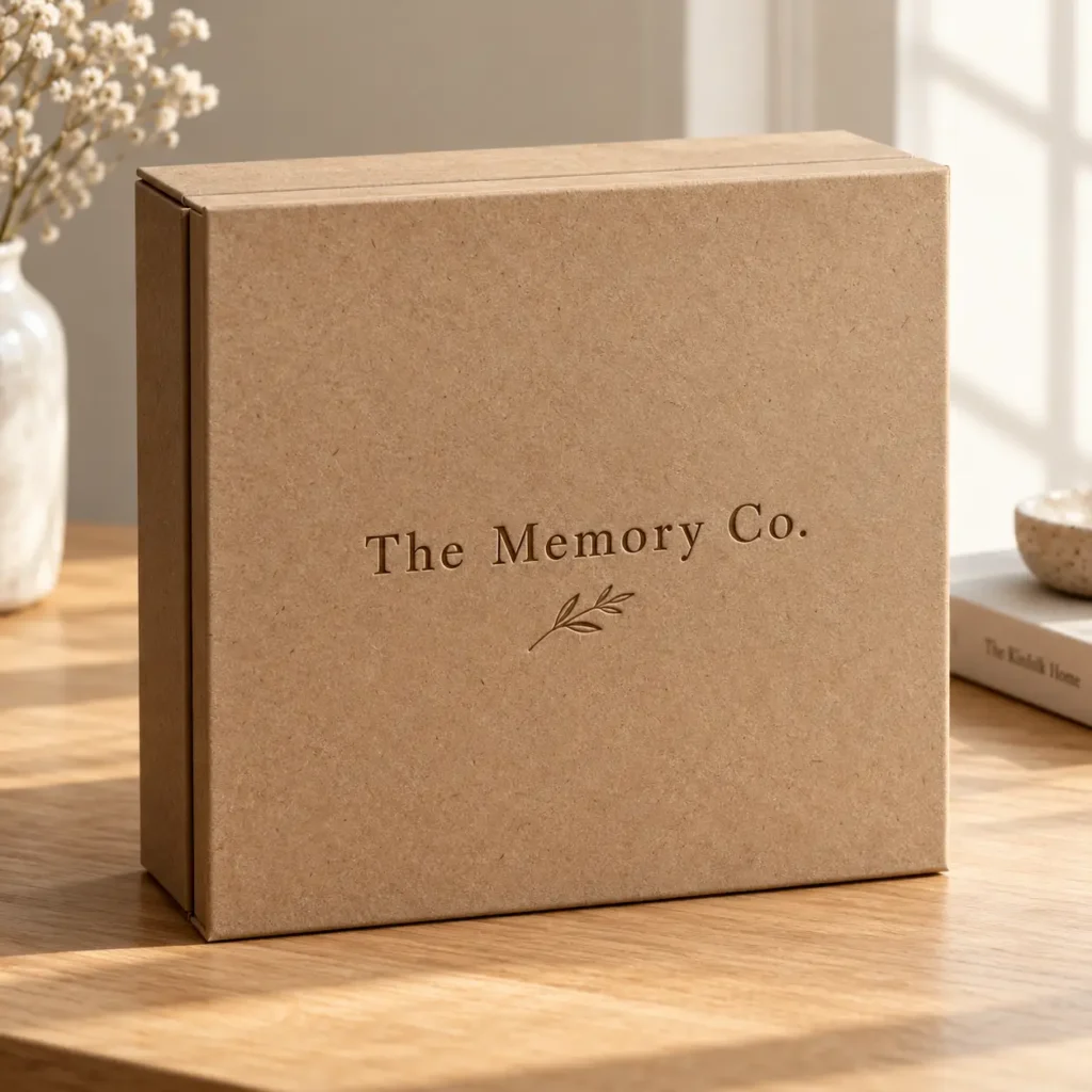 Kraft brown custom gift box embossed with The Memory Co. logo and leaf motif, staged on wooden surface with warm natural light