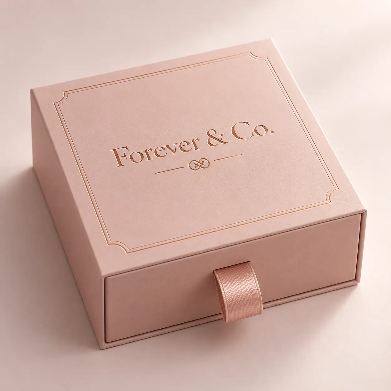 Blush pink luxury jewelry gift box with gold Forever & Co. logo, satin ribbon pull, elegant embossed border, premium packaging design