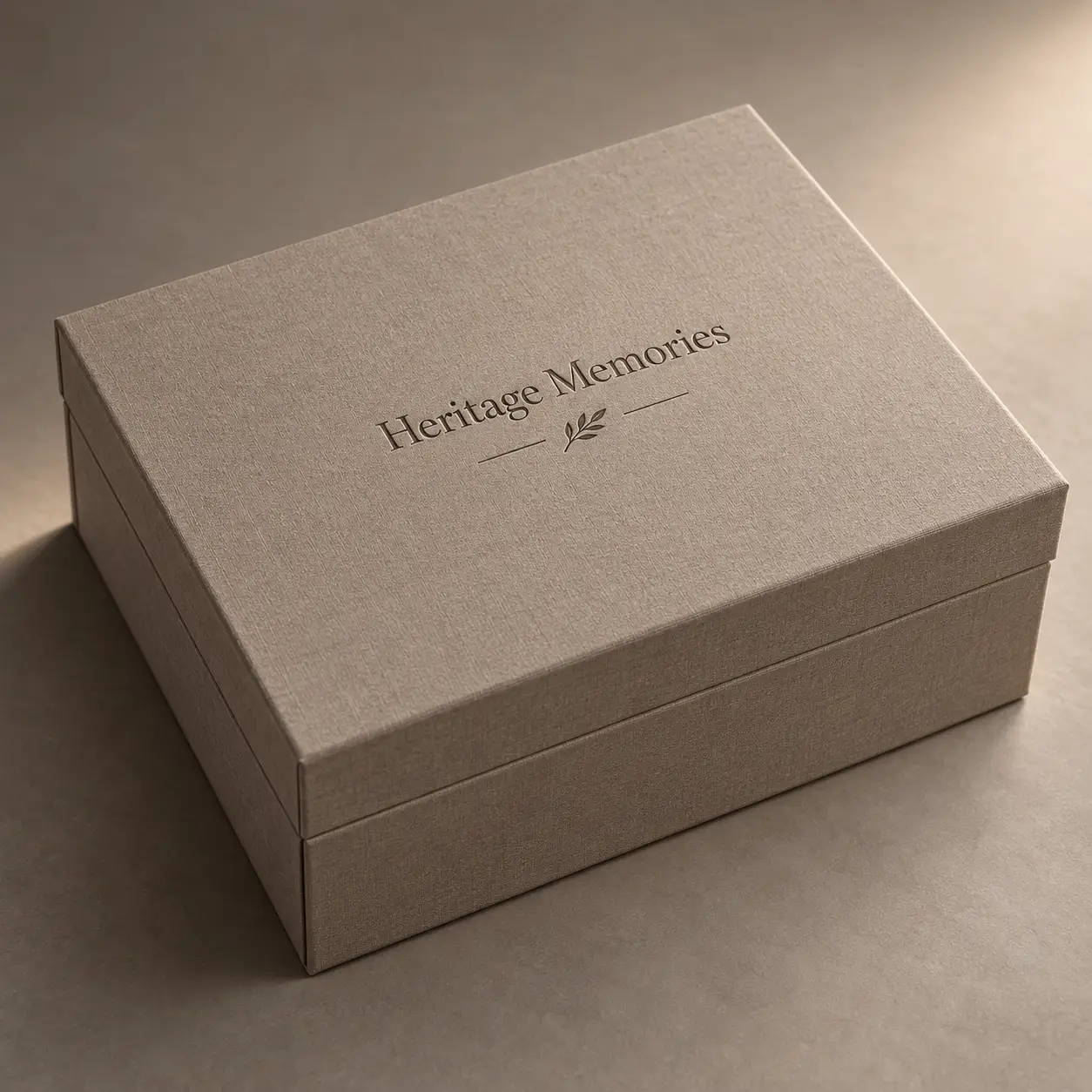 Elegant taupe linen memory keepsake box with Heritage Memories embossed logo, luxury custom rigid packaging by The Packaging Masters