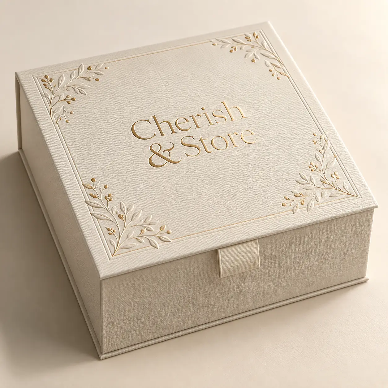 Elegant cream linen keepsake box with gold foil Cherish & Store logo, embossed floral corners, ribbon clasp, luxury gift packaging