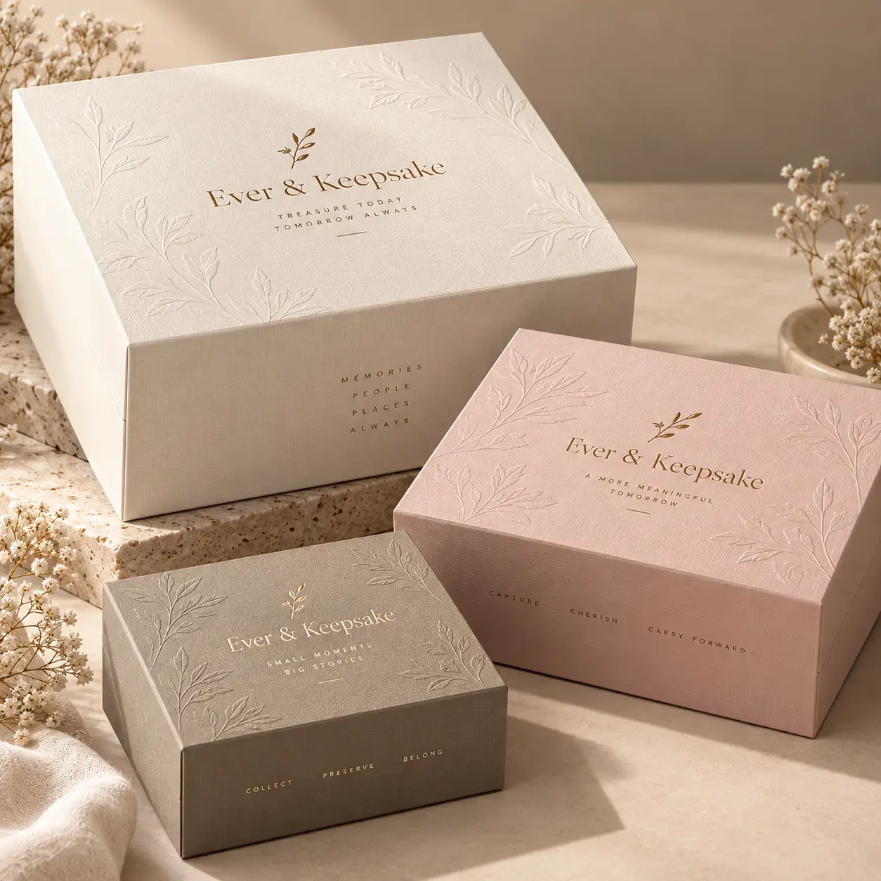 Three elegant Ever & Keepsake gift boxes in cream, blush pink, and sage green with embossed floral designs and gold foil branding