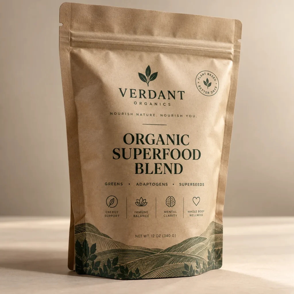 Verdant Organics kraft brown stand-up pouch organic superfood blend greens adaptogens superseeds 12oz eco-friendly supplement packaging design
