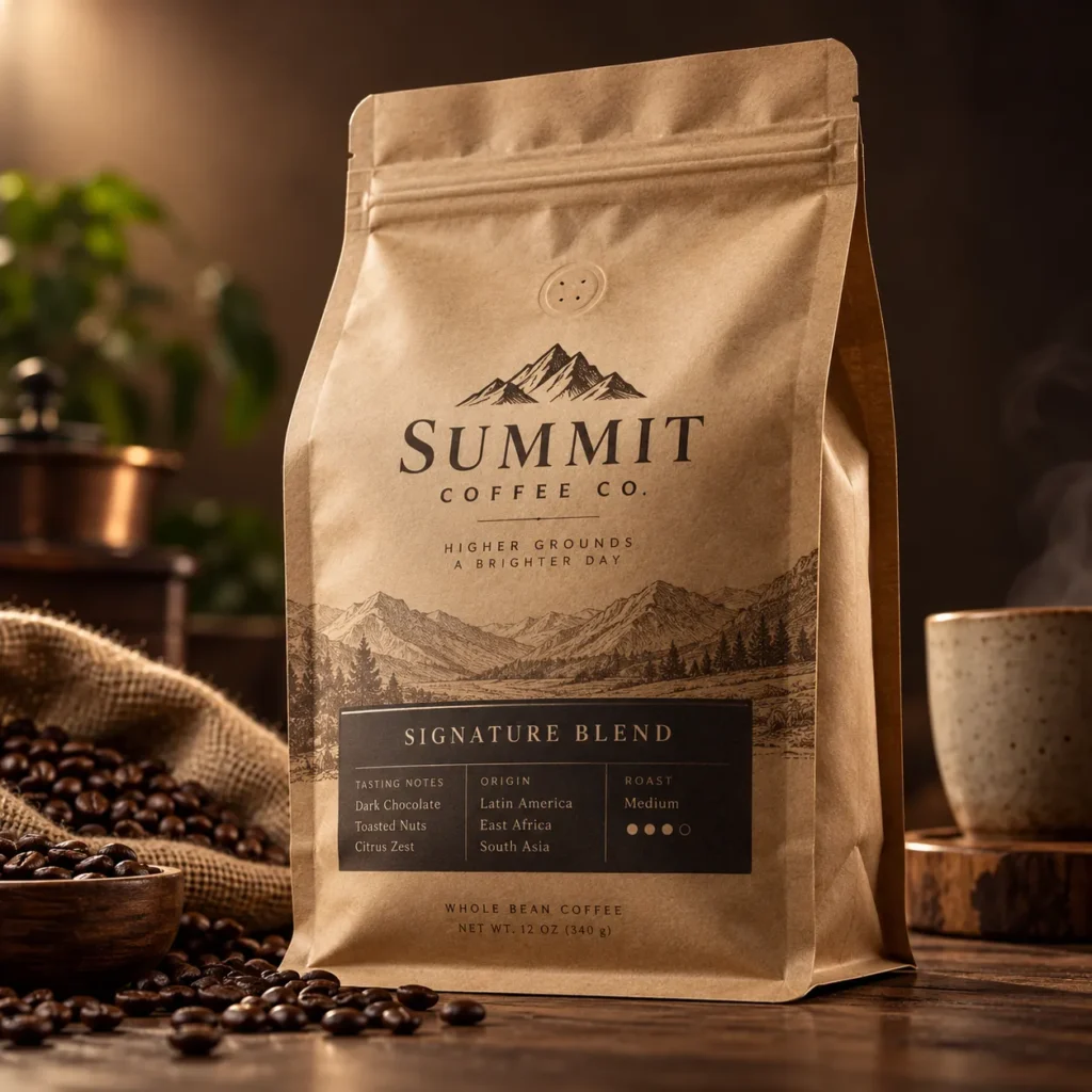 Kraft paper coffee bag packaging design for Summit Coffee Co. Signature Blend, surrounded by roasted beans on wooden surface