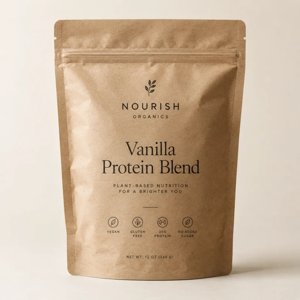 Kraft brown standup pouch of Nourish Organics Vanilla Protein Blend, vegan gluten-free plant-based protein powder, 12oz minimalist packaging