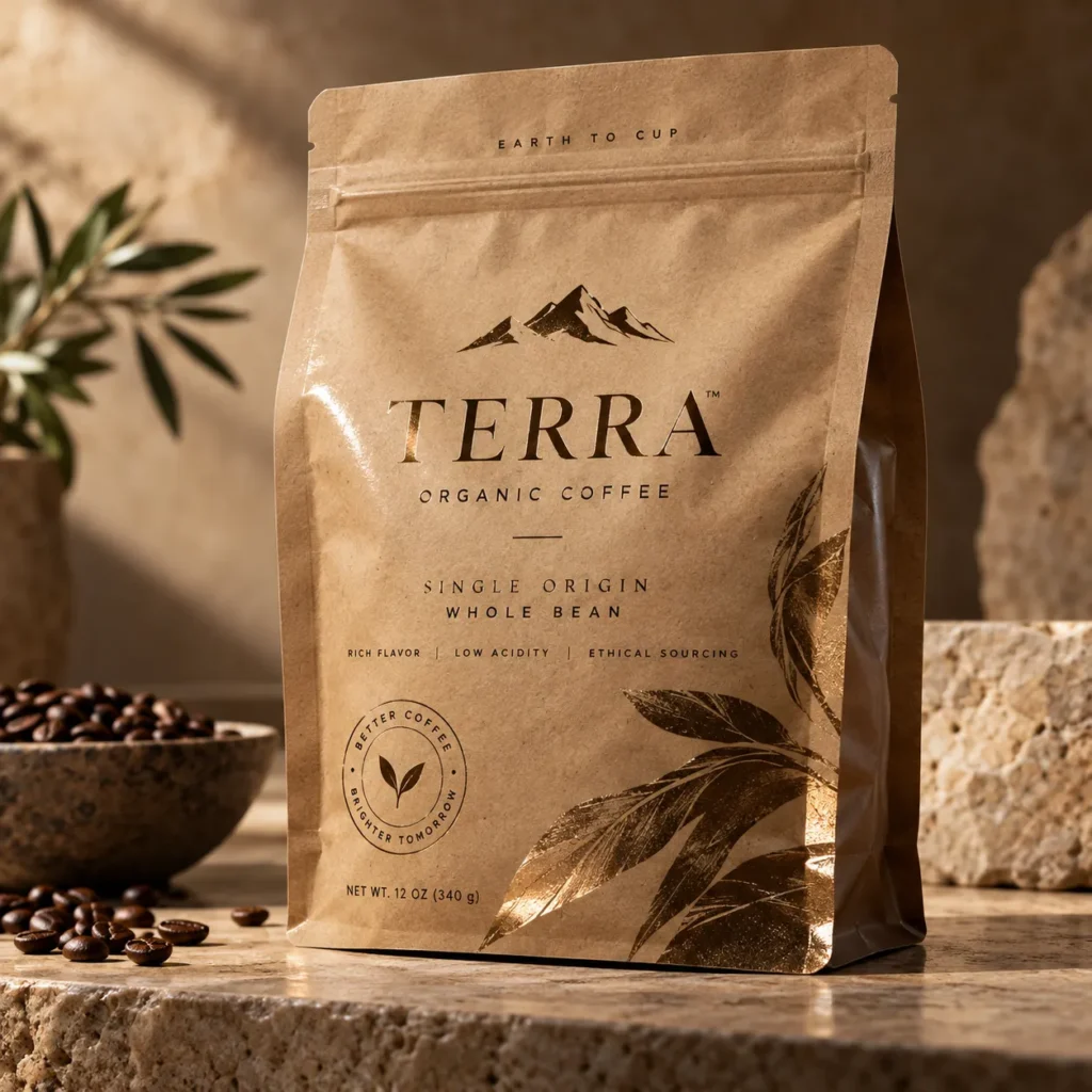 Terra Organic Coffee kraft bag, single origin whole bean, gold leaf design, stone surface, scattered coffee beans, warm earthy tones