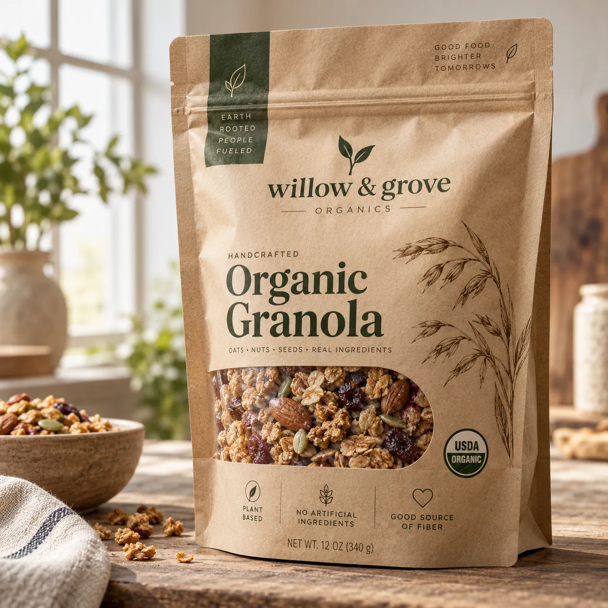Willow & Grove Organics kraft paper granola bag with USDA Organic seal, oats nuts seeds, rustic wooden kitchen setting