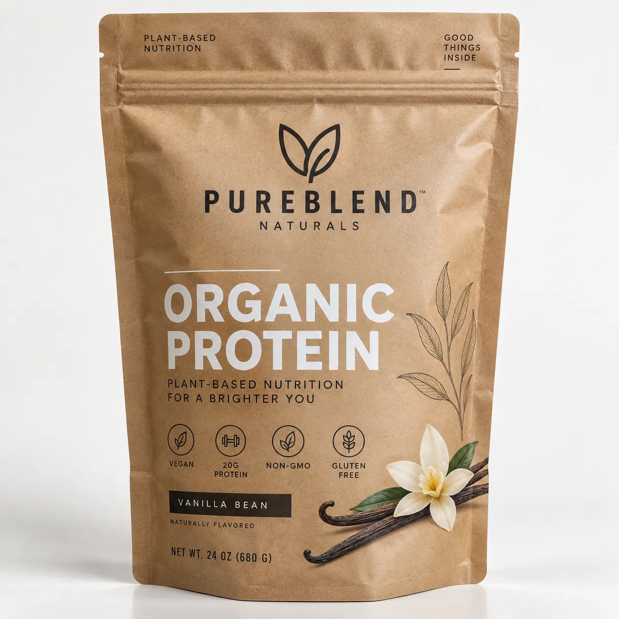 Kraft brown stand-up pouch of PureBlend Naturals Organic Vanilla Bean Protein powder with vanilla flower illustration, 24oz