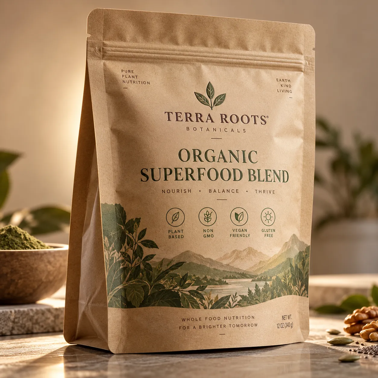Terra Roots Botanicals kraft paper pouch organic superfood blend packaging, plant-based, non-GMO, vegan, gluten-free, warm earthy tones