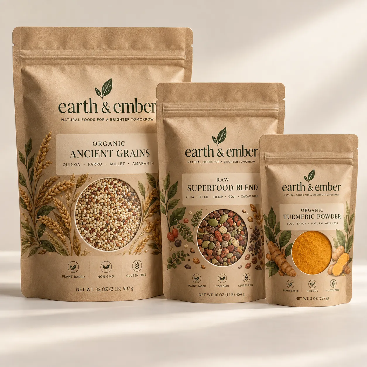 Three Earth & Ember kraft paper stand-up pouches: organic ancient grains, raw superfood blend, turmeric powder, natural food packaging design