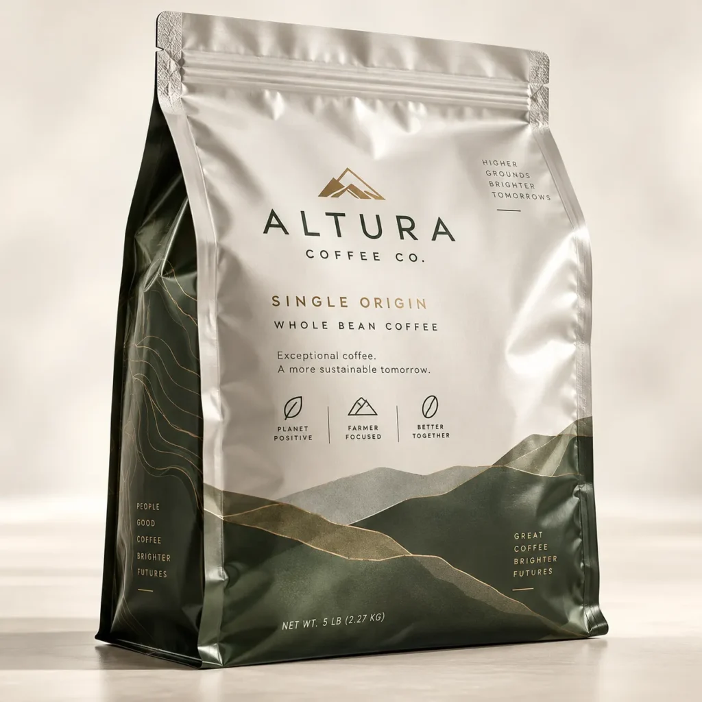 Altura Coffee Co. 5lb single origin whole bean coffee bag, silver and dark green packaging with mountain landscape design
