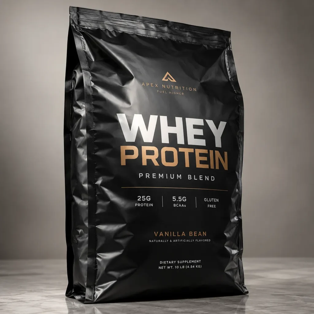 Black 10lb Apex Nutrition Vanilla Bean Whey Protein Premium Blend bag, gold and white text, marble surface, studio lighting