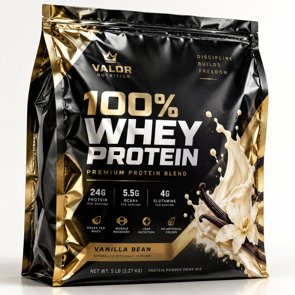 Black and gold premium whey protein powder bag by Valor Nutrition, vanilla bean flavor, 5lb supplement packaging design