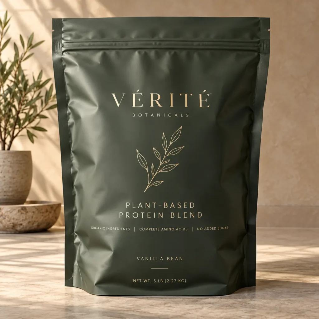 Dark green resealable pouch of Vérité Botanicals vanilla bean plant-based protein blend, 5lb, gold botanical design, marble surface