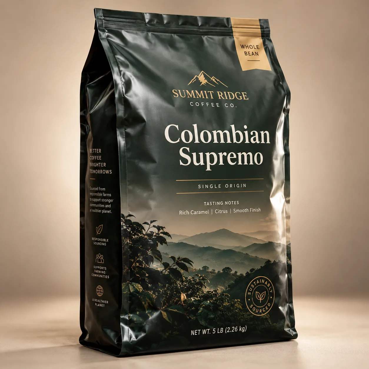 Dark green 5lb whole bean Colombian Supremo coffee bag by Summit Ridge Coffee Co. with gold accents, mountain scenery, sustainably sourced seal