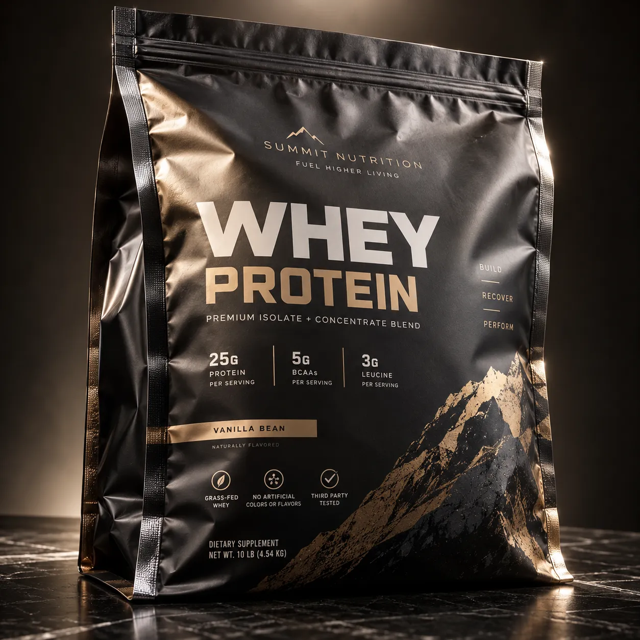 Black glossy 10lb whey protein supplement bag by Summit Nutrition, gold typography, vanilla bean flavor, premium packaging design