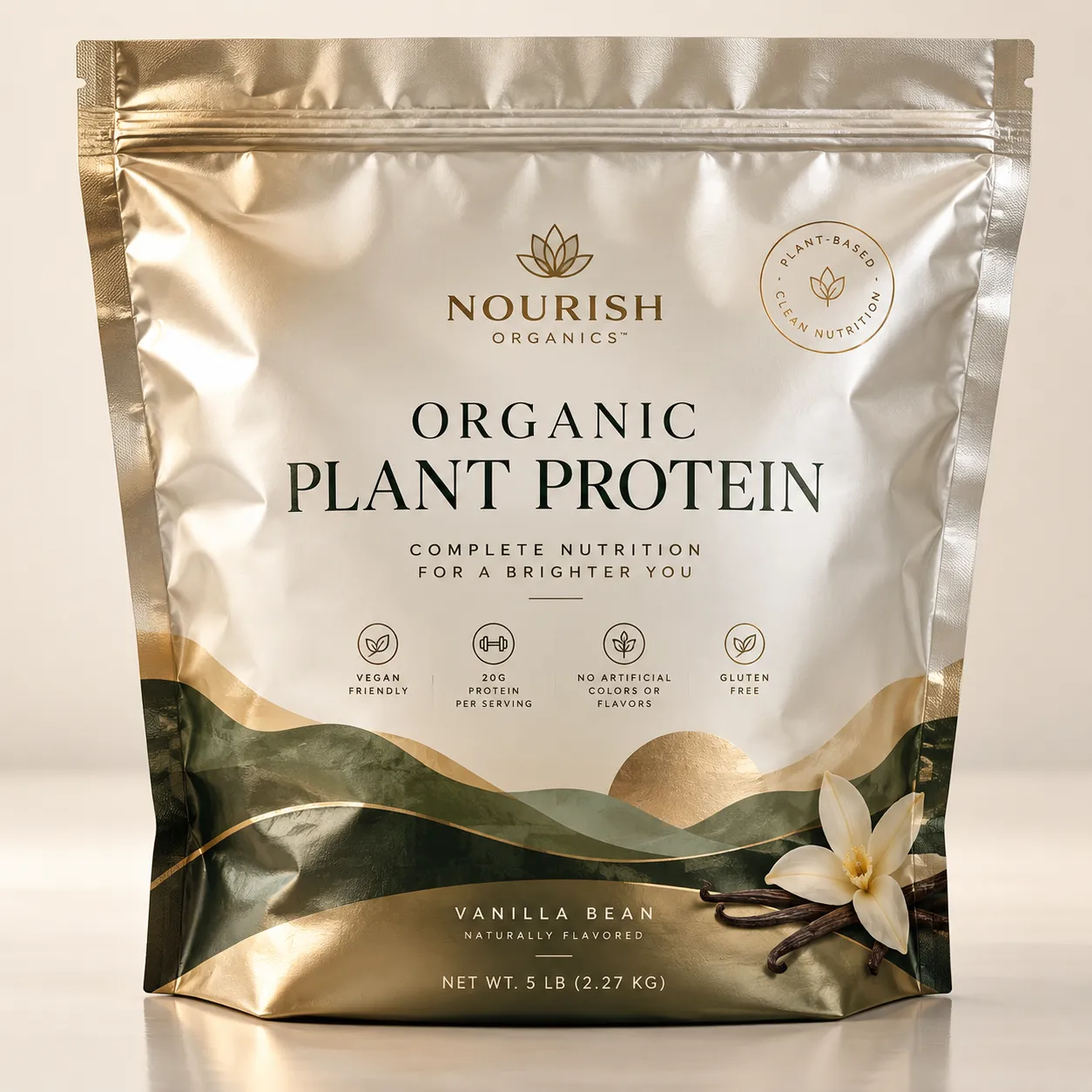 Gold and white resealable pouch of Nourish Organics Vanilla Bean Plant Protein, 5lb, vegan, gluten-free, 20g protein