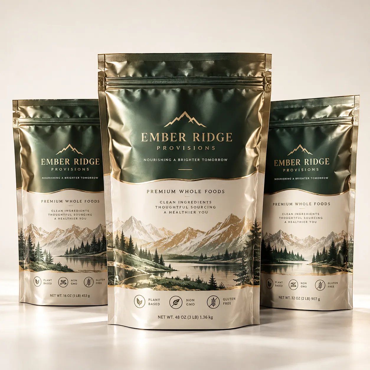 Three Ember Ridge Provisions premium whole foods pouches in gold and dark green, plant-based gluten-free packaging design
