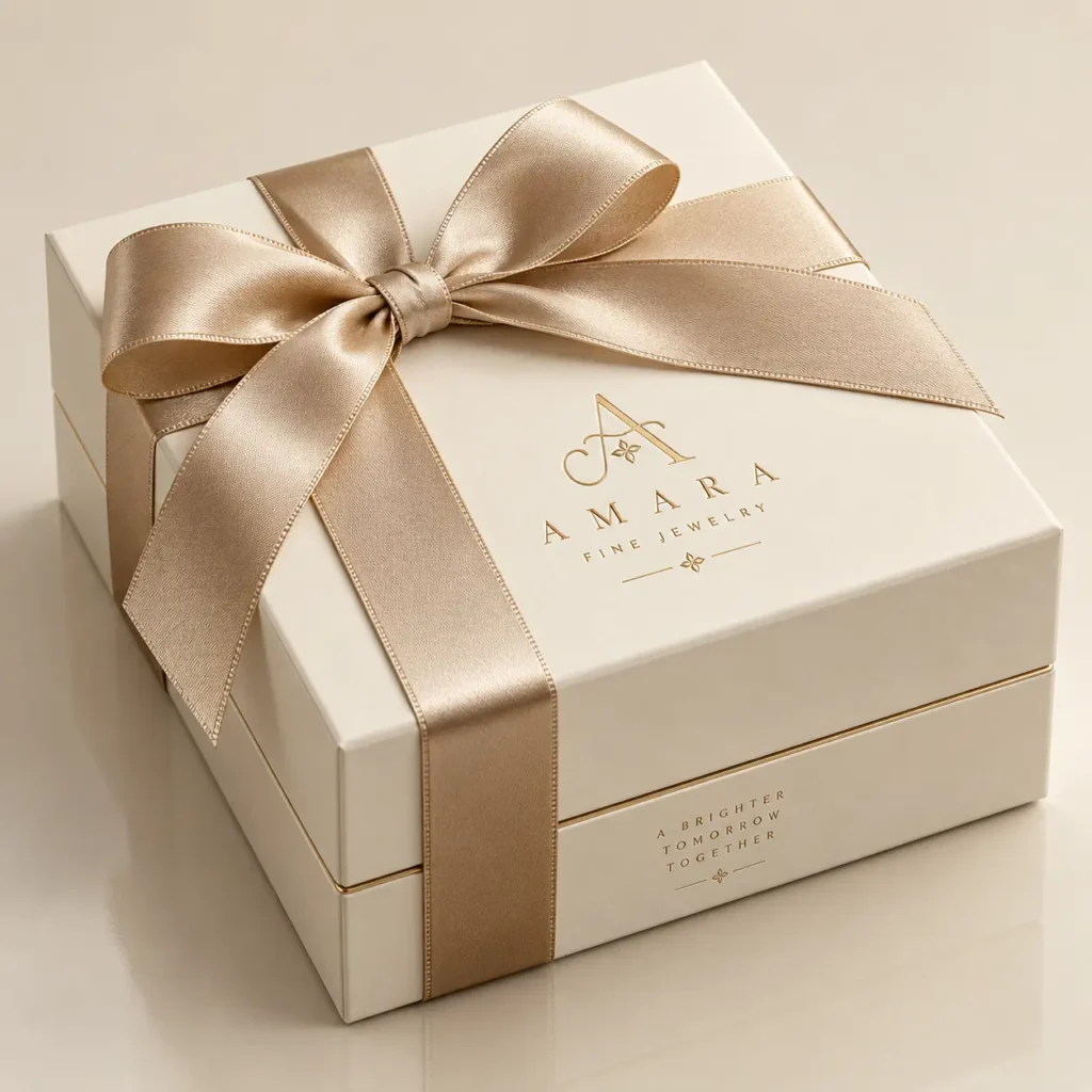 Luxury cream white jewelry gift box with gold satin ribbon bow, Amara Fine Jewelry branding, elegant custom packaging design