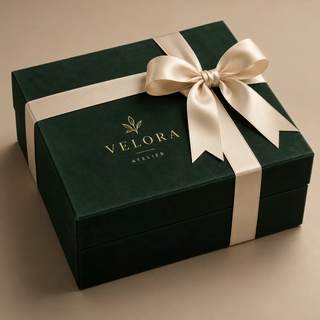 Luxury dark green velvet gift box with gold Velora Atelier logo and cream satin ribbon bow, premium custom packaging