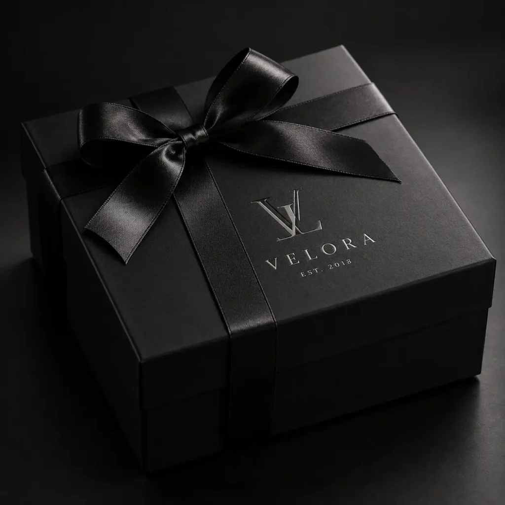 Velora Est. 2018 luxury black gift box with satin ribbon bow, elegant embossed logo, premium custom packaging by The Packaging Masters