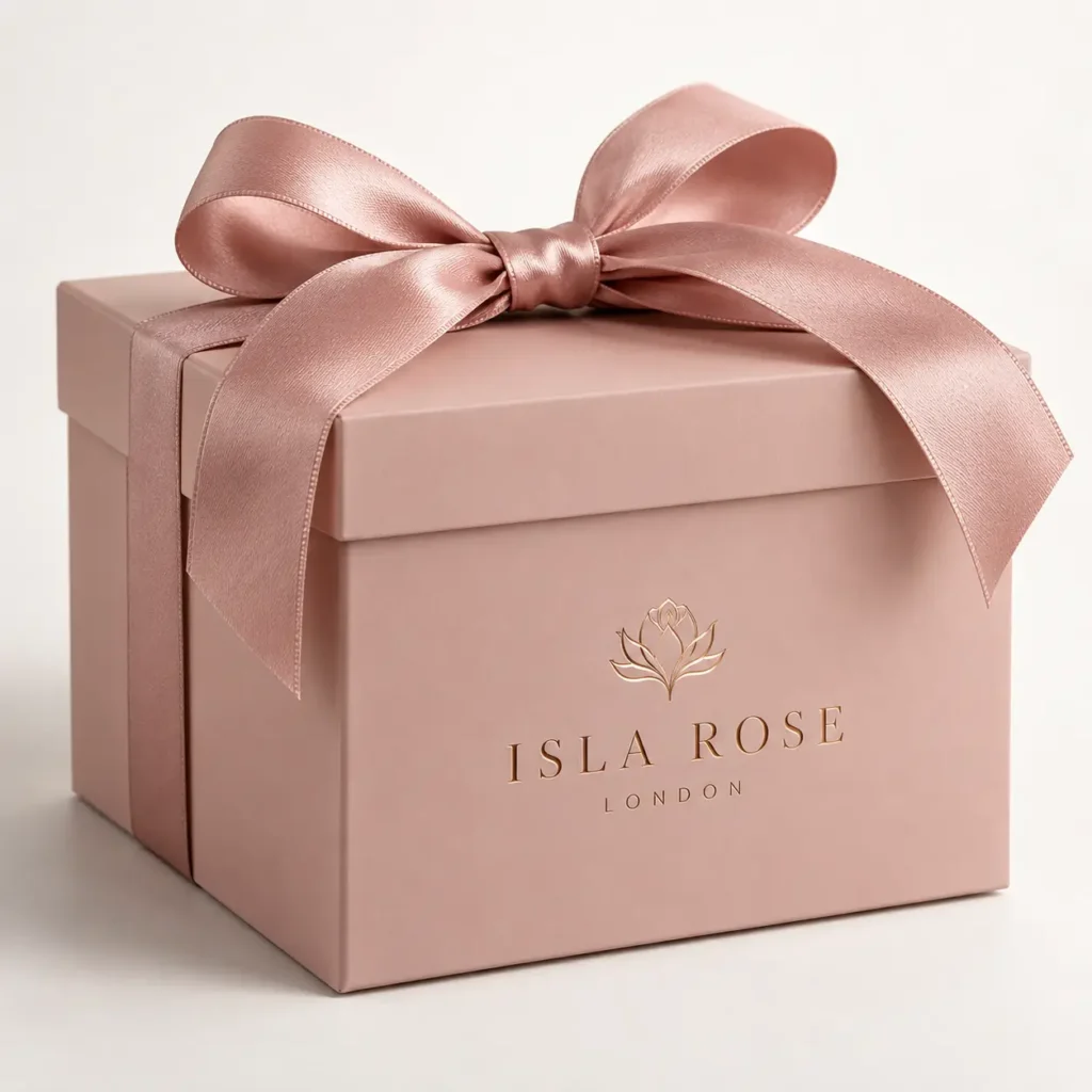 Elegant dusty pink luxury gift box with satin ribbon bow, gold Isla Rose London logo, premium custom packaging design