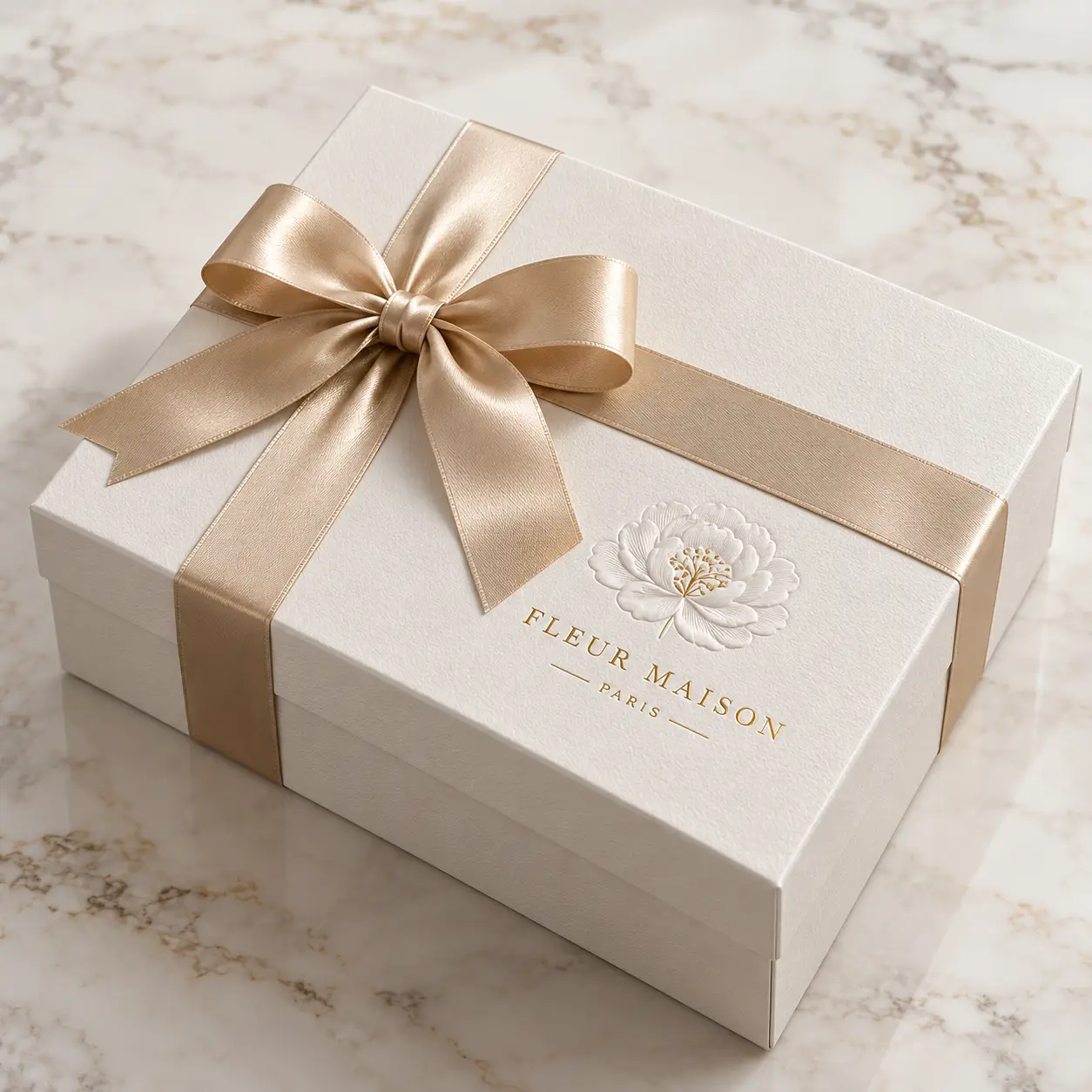 Luxury white gift box with gold satin ribbon bow, embossed peony logo, Fleur Maison Paris branding on marble surface