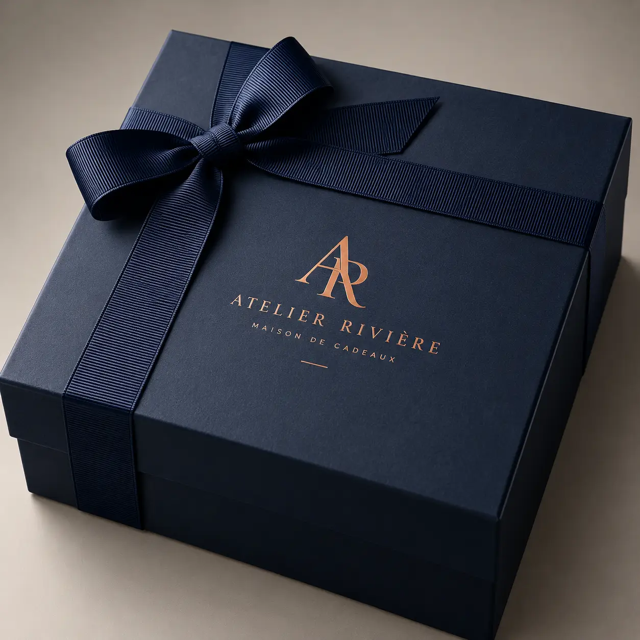 Luxury navy blue gift box with grosgrain ribbon bow, rose gold Atelier Rivière logo, premium custom packaging design