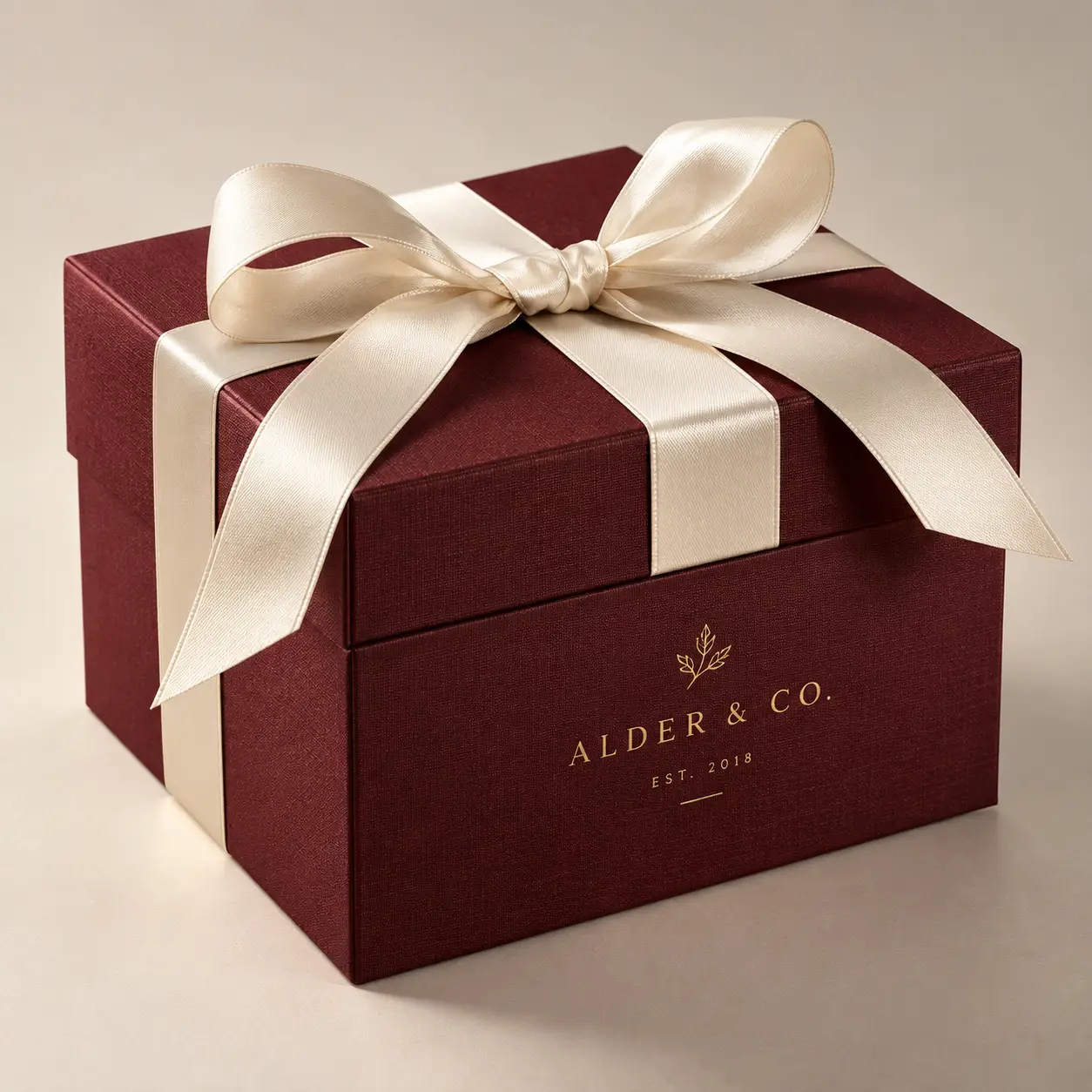 Luxury burgundy gift box with cream satin ribbon bow, gold Alder & Co. Est. 2018 branding, elegant custom packaging design