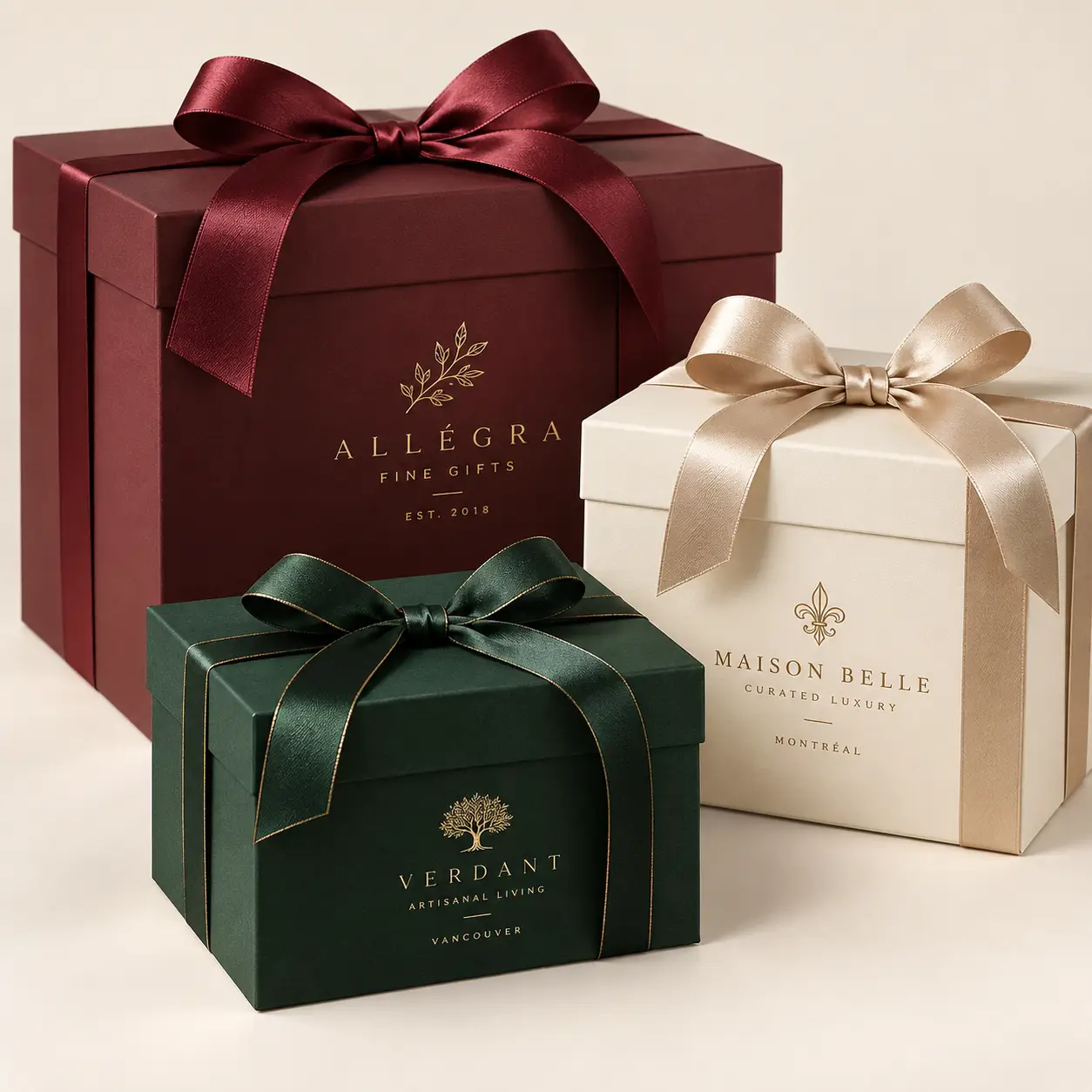 Three luxury gift boxes burgundy cream forest green satin ribbons gold branding elegant premium packaging design