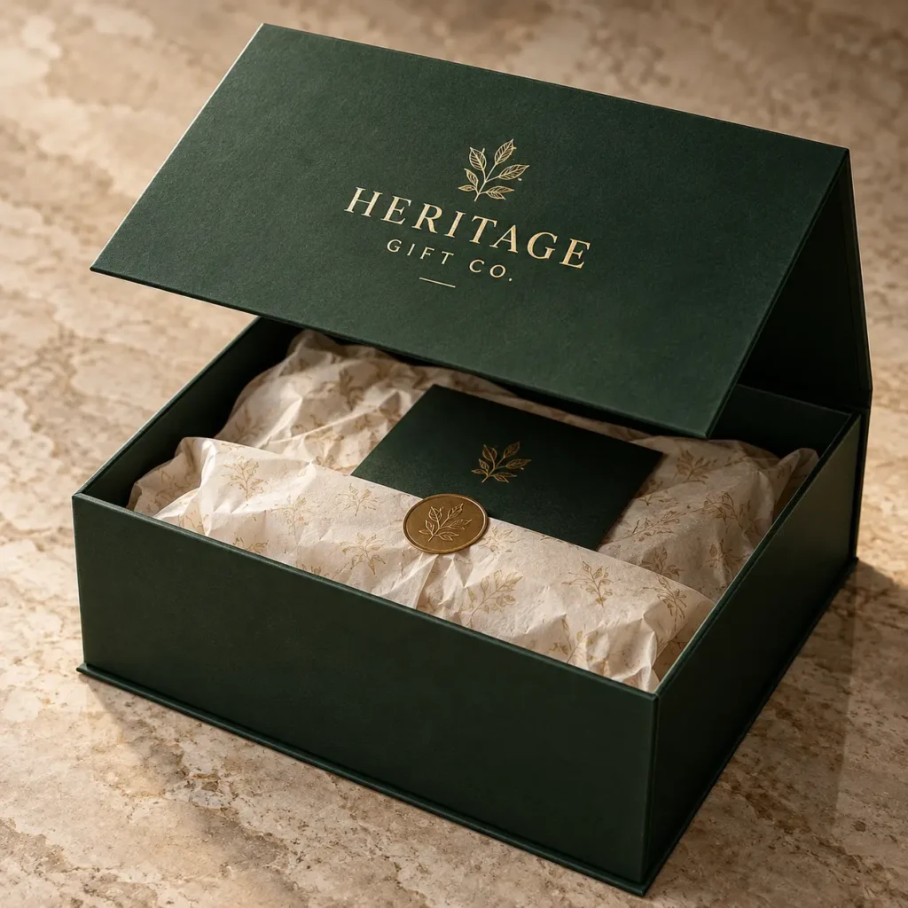 Dark green luxury gift box open revealing tissue paper wrap with gold wax seal and card, Heritage Gift Co. branded packaging