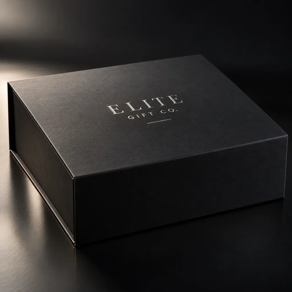Luxury black magnetic gift box with silver foil Elite Gift Co. logo, dramatic studio lighting, premium custom packaging design