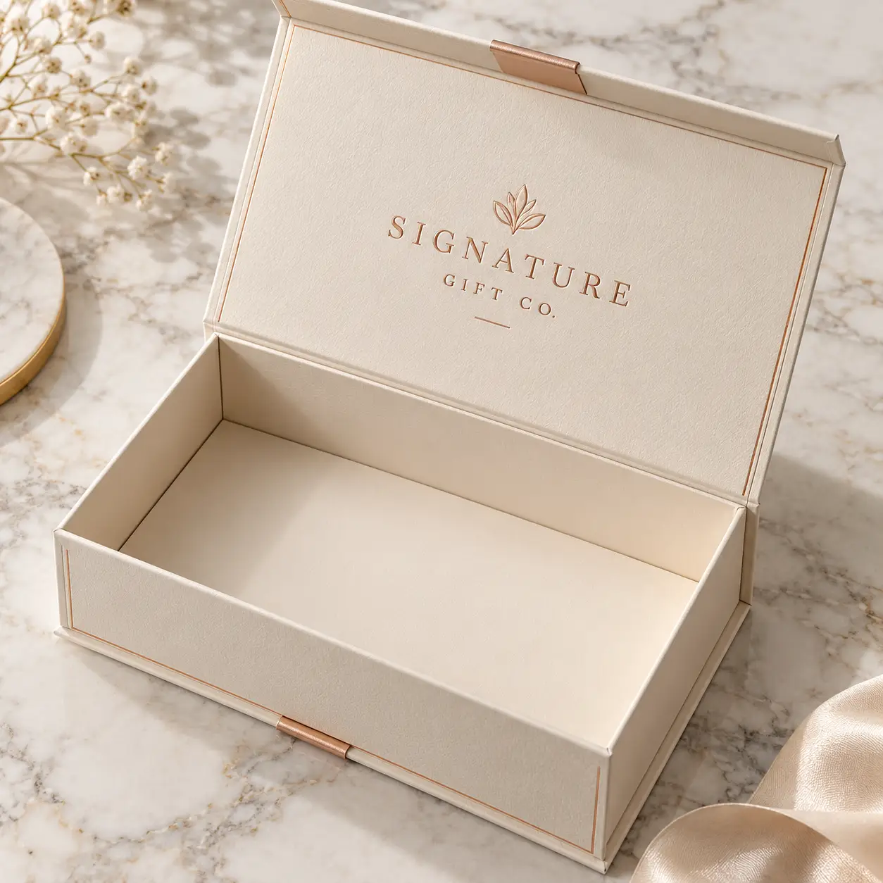 Luxury cream rigid gift box with rose gold hinges open on marble, embossed Signature Gift Co. logo, elegant packaging design
