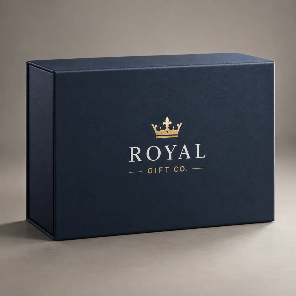 Navy blue luxury magnetic gift box with gold crown logo and Royal Gift Co. branding, premium rigid packaging by The Packaging Masters