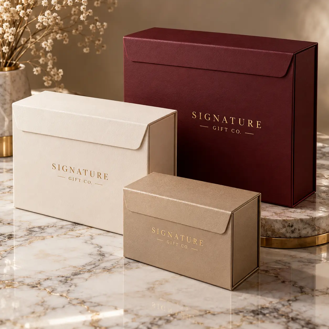 Luxury gift boxes in burgundy, cream, and gold by Signature Gift Co. on marble surface, premium custom packaging
