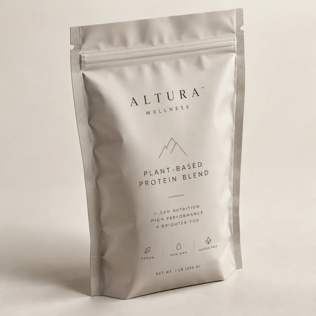 Silver matte stand-up pouch packaging for Altura Wellness Plant-Based Protein Blend, vegan non-GMO gluten-free, 1lb bag