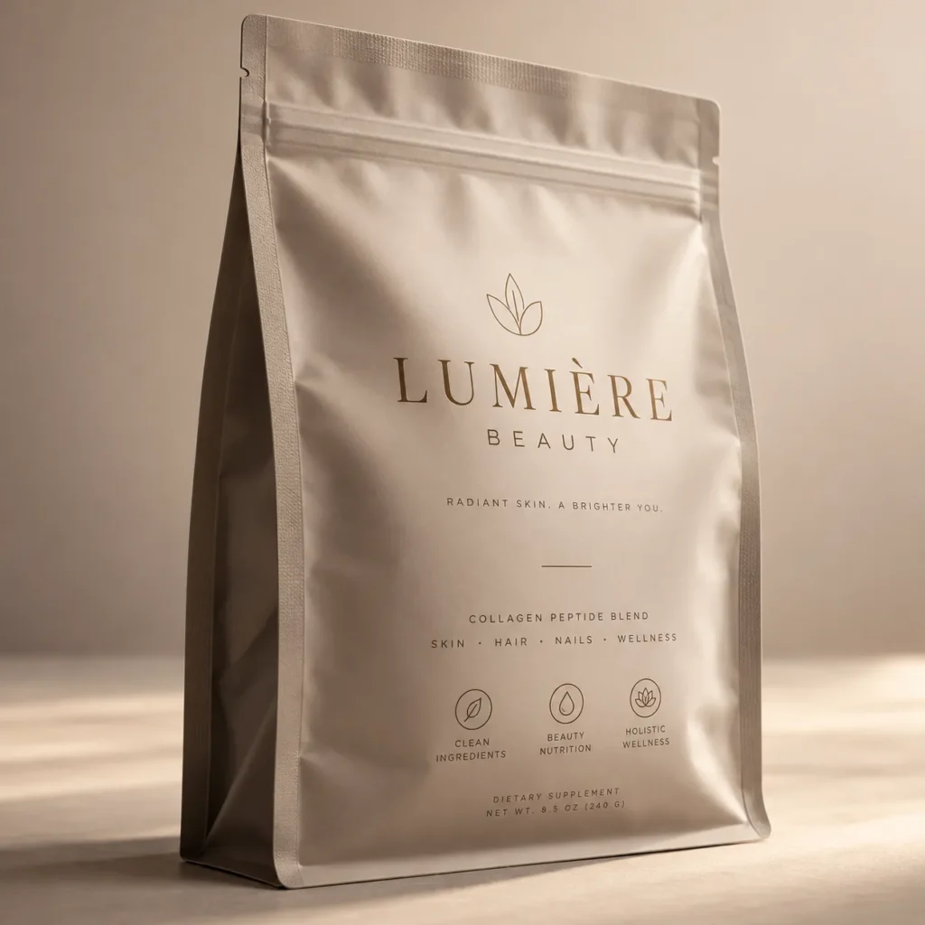 Lumière Beauty collagen peptide blend supplement powder in elegant matte white resealable pouch with gold luxury branding
