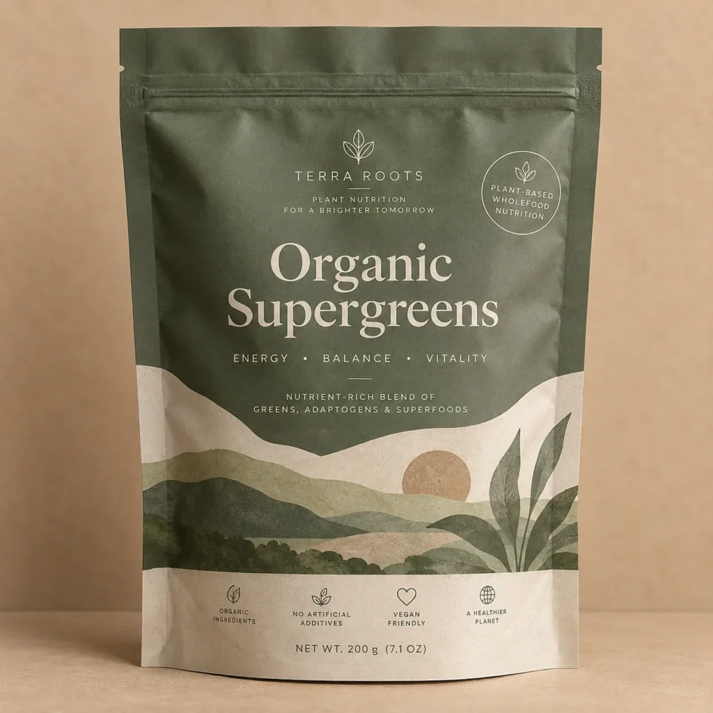 Terra Roots Organic Supergreens 200g green kraft pouch packaging with nature landscape illustration, vegan plant-based supplement