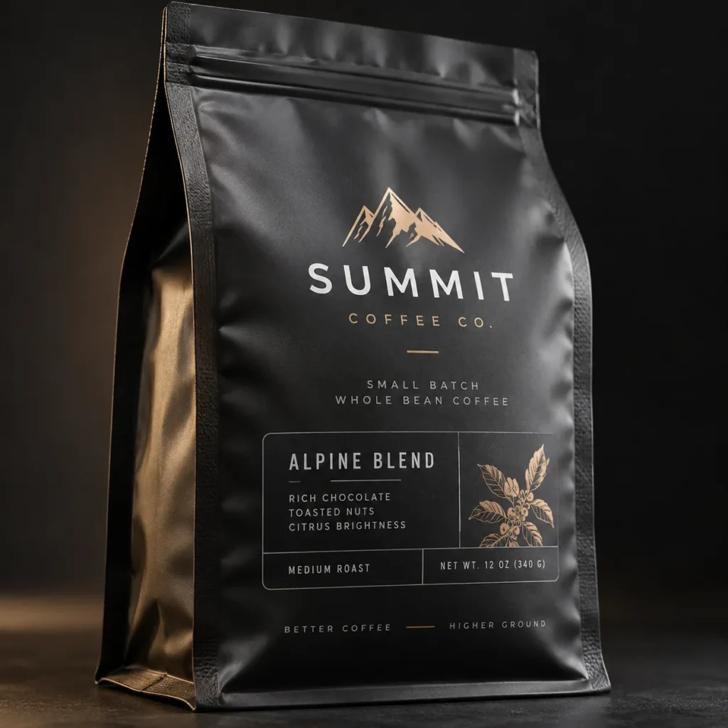 Matte black Summit Coffee Co Alpine Blend whole bean coffee bag with gold mountain logo on dark background