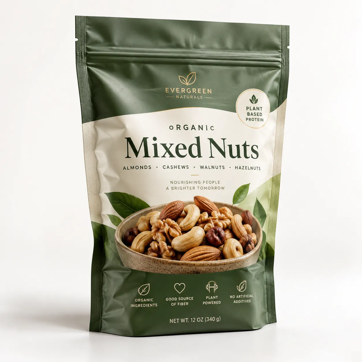 Evergreen Naturals organic mixed nuts 12oz dark green resealable bag with almonds cashews walnuts hazelnuts plant-based protein packaging design