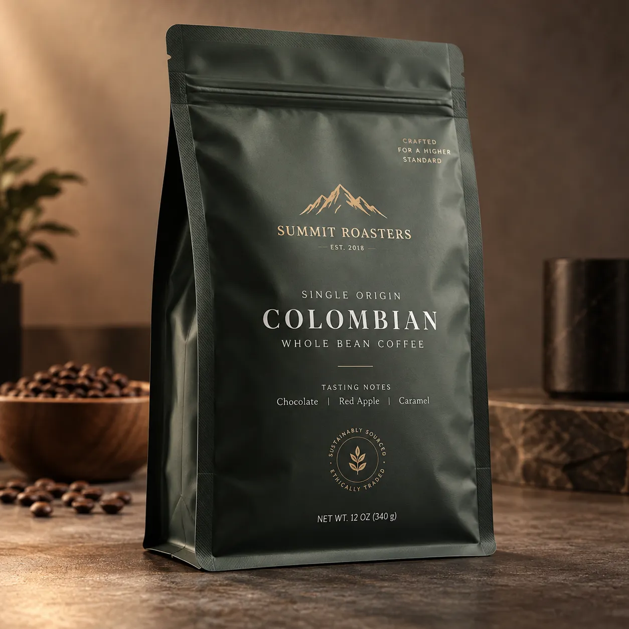Dark green Summit Roasters Colombian whole bean coffee bag with gold typography, tasting notes chocolate caramel red apple, 12oz