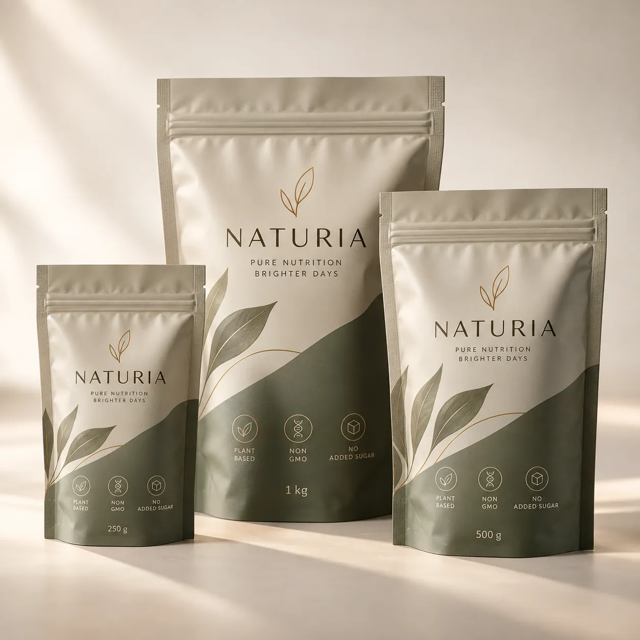 Three Naturia supplement pouches in sage green and cream, 250g, 500g, 1kg, plant-based non-GMO packaging design
