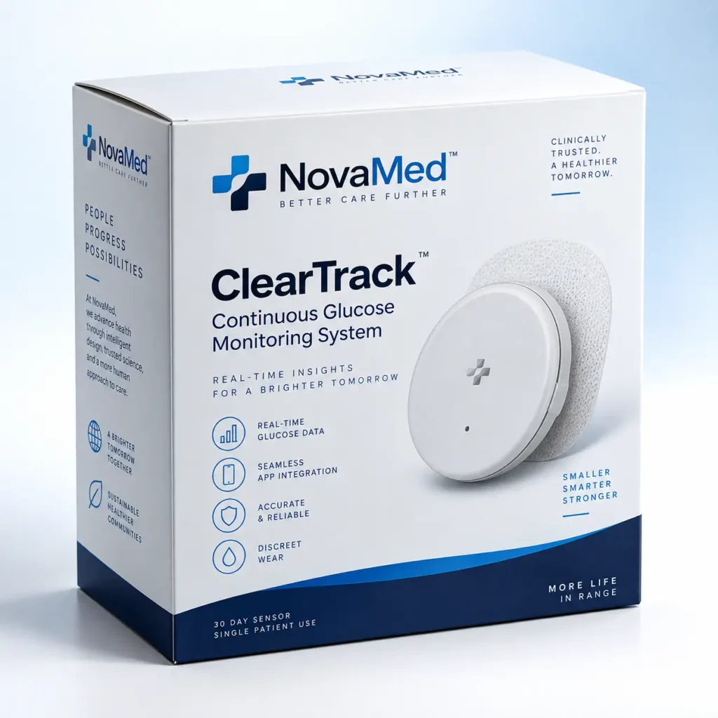 NovaMed ClearTrack continuous glucose monitoring system packaging, white and navy blue medical device box with CGM sensor