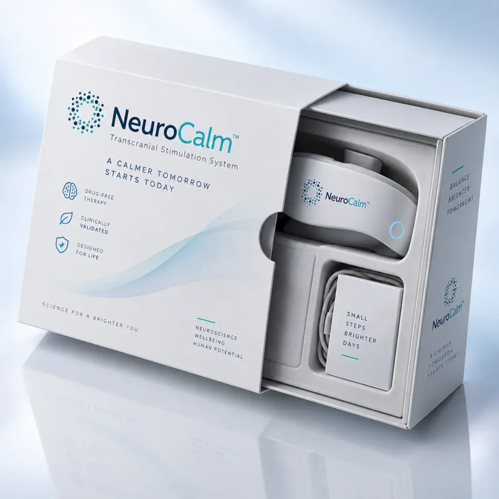NeuroCalm Transcranial Stimulation System white premium product packaging box open displaying headband device and accessories