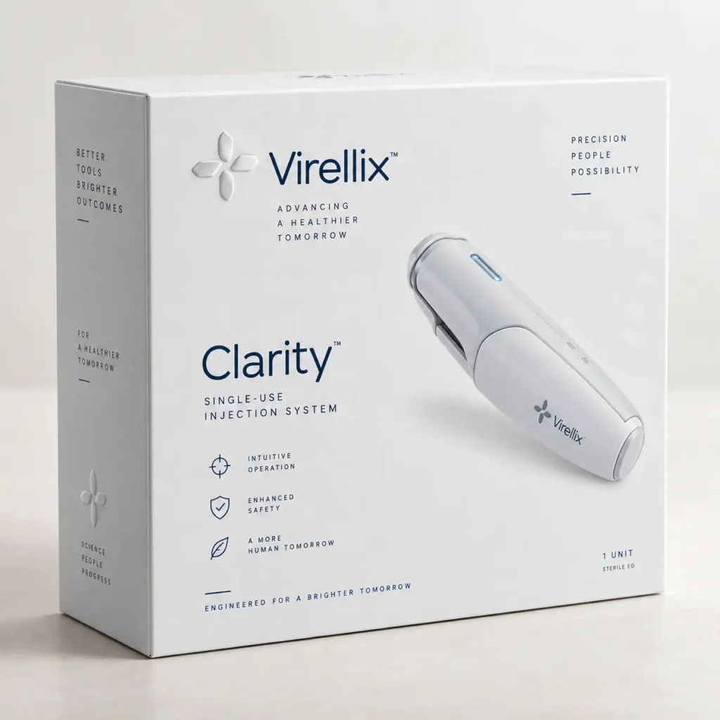 White Virellix Clarity single-use injection system medical device packaging box with clean minimalist design and blue accents