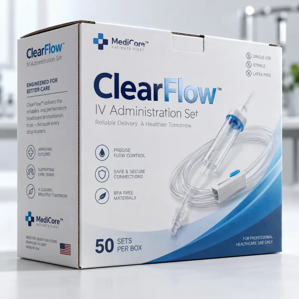 ClearFlow IV Administration Set box by MediCore, white and blue medical packaging, 50 sets, sterile single-use, professional healthcare supply