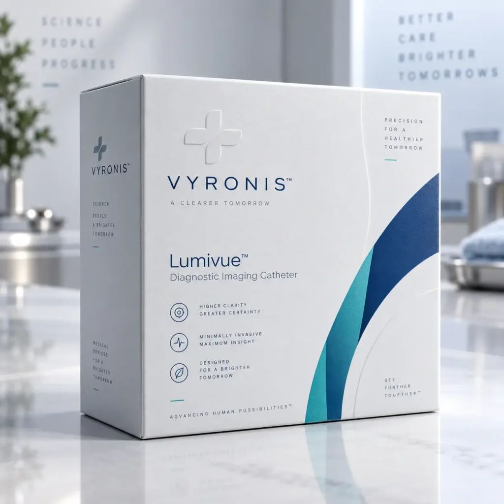 White Vyronis Lumivue Diagnostic Imaging Catheter medical device packaging box with blue teal design on marble surface
