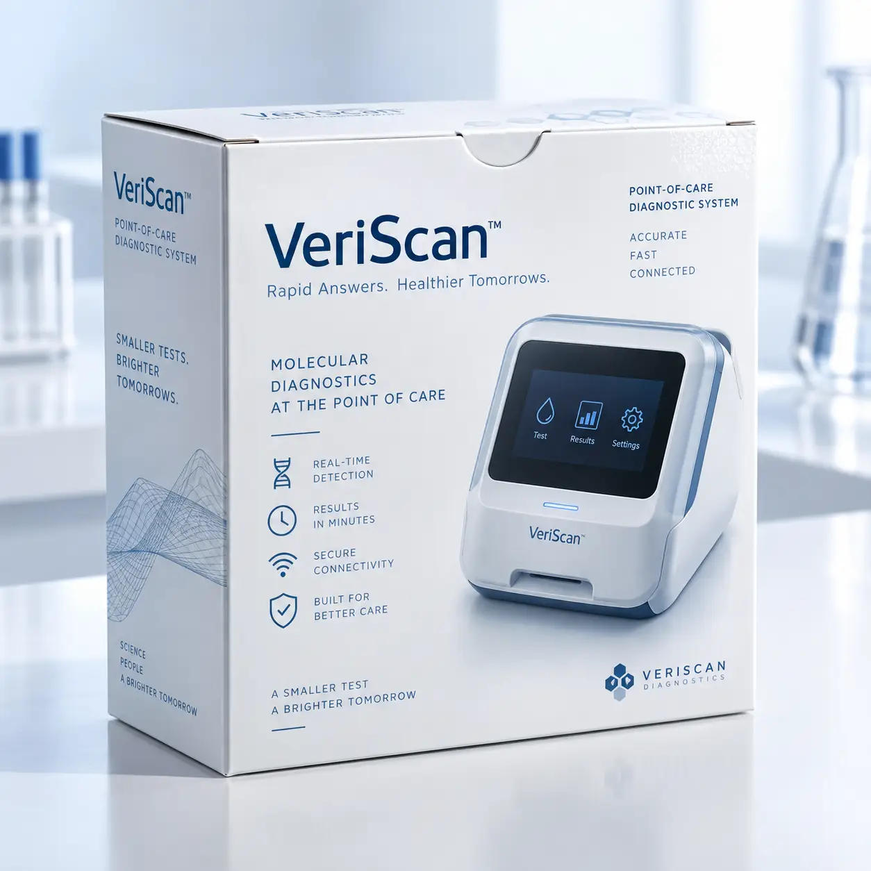 VeriScan point-of-care diagnostic system white product packaging box with blue branding, molecular diagnostics device, laboratory setting