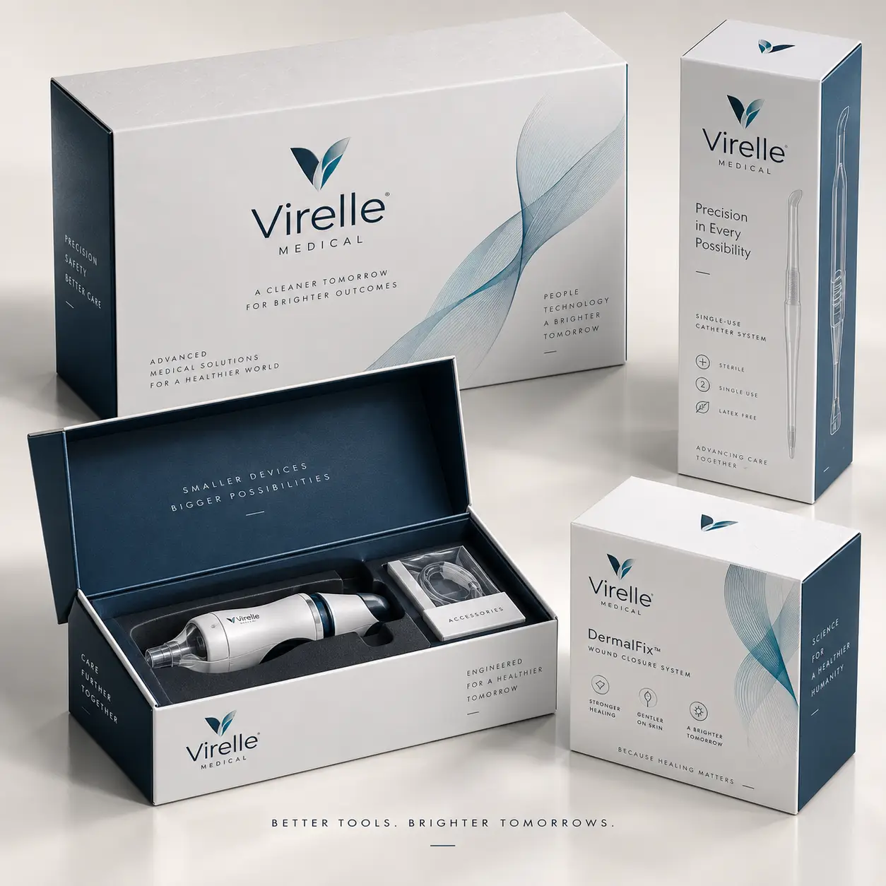 White and navy Virelle Medical product packaging lineup featuring DermalFix wound closure system, catheter, and device box with sleek minimalist de...