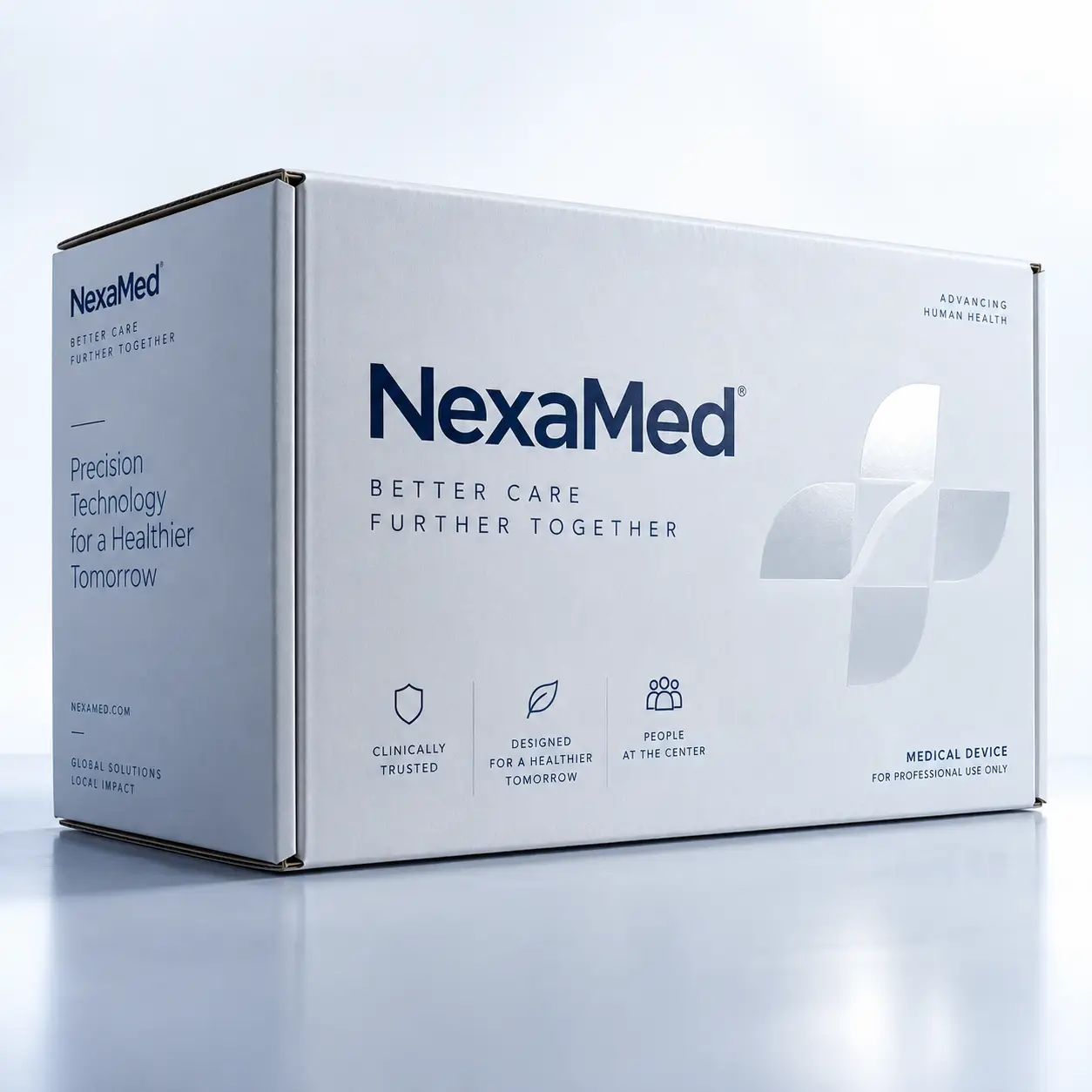 White NexaMed medical device packaging box with navy blue branding, clean minimalist design, professional healthcare product box